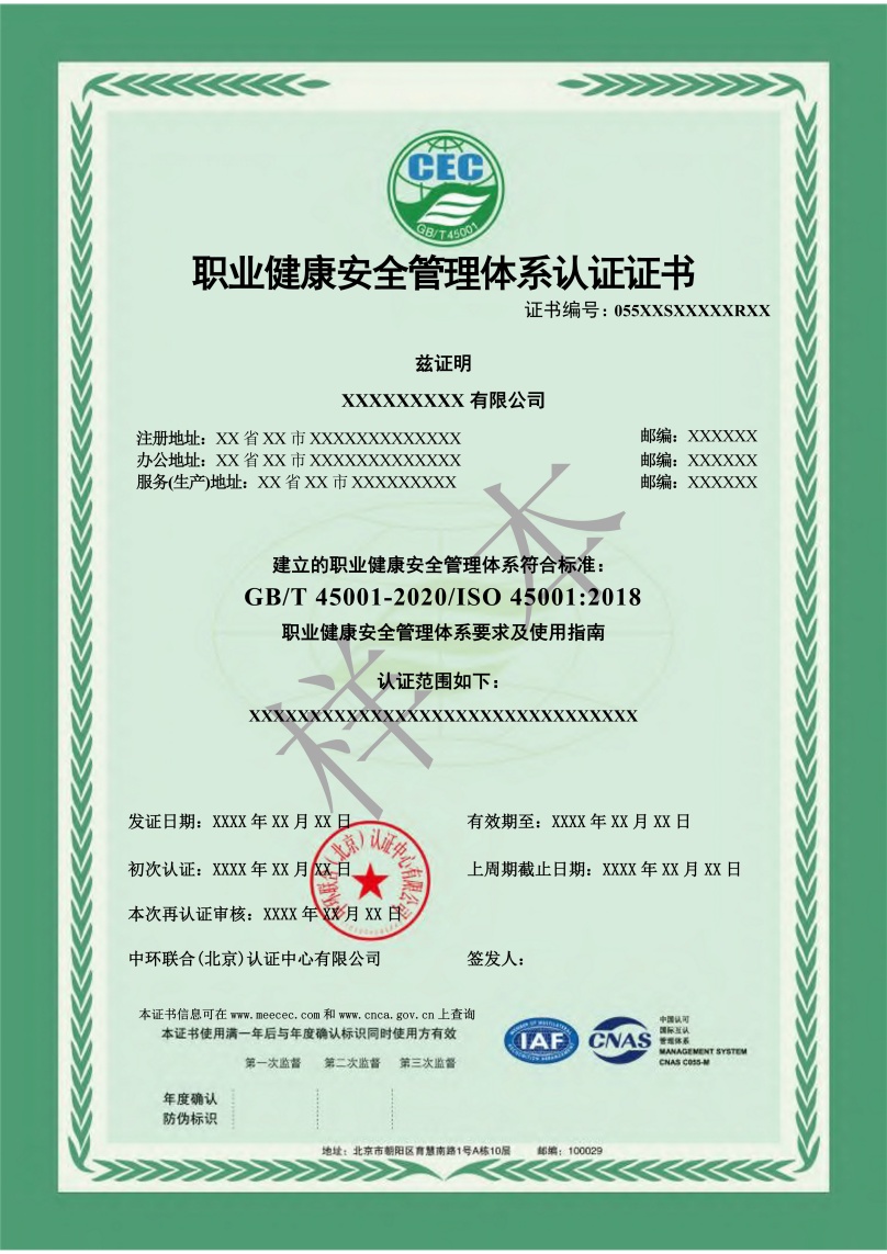職業健康管理體系證書模版